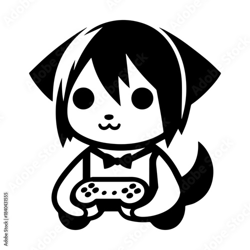 Cute cartoon dog character holding a video game controller.