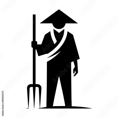 Asian Farmer Silhouette Holding Pitchfork in Black and White.