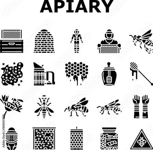 apiary beekeeping bees icons set vector