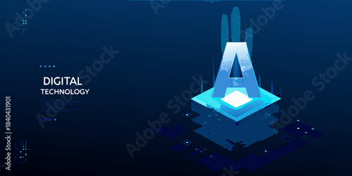 Abstract digital technology illustration featuring a glowing letter a and blue gradients
