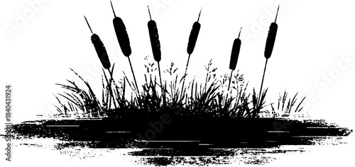 Monochrome cattail stencil art featuring upright marsh plants for nature-inspired designs