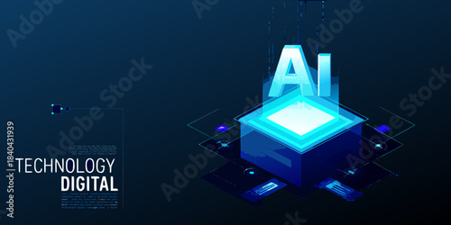 Abstract digital illustration featuring glowing ai cube and technological elements