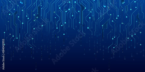 Abstract digital circuit board pattern with glowing blue lines and connections