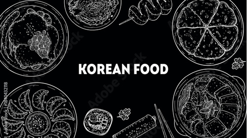 Korean food frame. Hand drawn top view Korean food dishes vector sketch illustration. Samgyetang, mandu, kimbap, jjigae, pajeon, kimchi, odeng