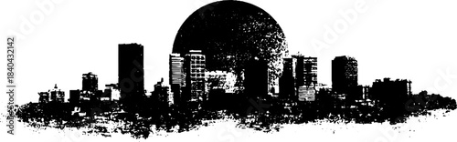 Black and white urban skyline stencil illustration with grunge texture for creative design