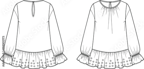 Women's Fashion Technical Flat Sketch of an A-Line Smock Dress with Square Neckline, Smocked Yoke, and Long Balloon Sleeves with Smocked Cuffs.
