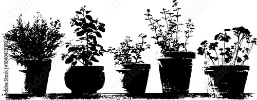 Monochrome stencil illustration of potted plants on urban rooftops