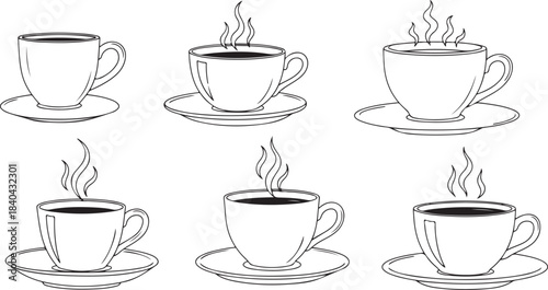 Six Outline Coffee Cups With Steam On Saucers whisk illustration