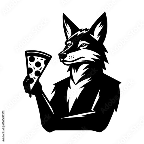 Fox holding pizza slice black and white illustration.