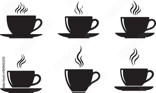 Six Black Silhouettes of Steaming Coffee Cups and Saucers drink