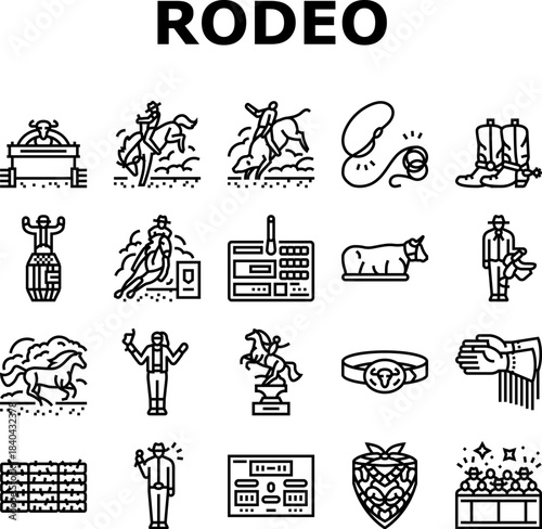 rodeo bull cowboy lasso icons set vector