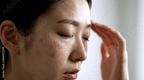 Concerned woman touching face showing dull skin texture and hyperpigmentation spots