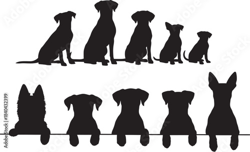 Silhouette collection of various dog breeds sitting and standing together