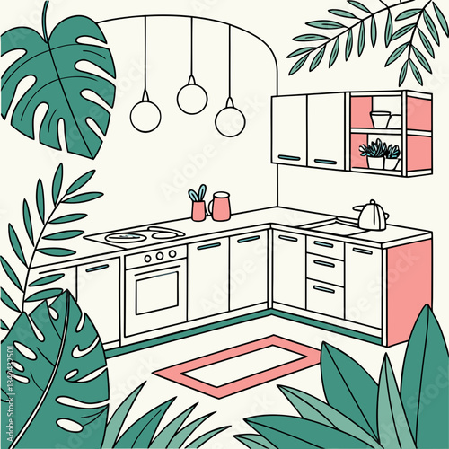 Modern Tropical Kitchen Interior Design | Botanical Illustration with Houseplants and Contemporary Decor