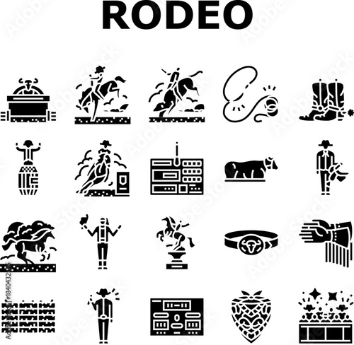 rodeo bull cowboy lasso icons set vector