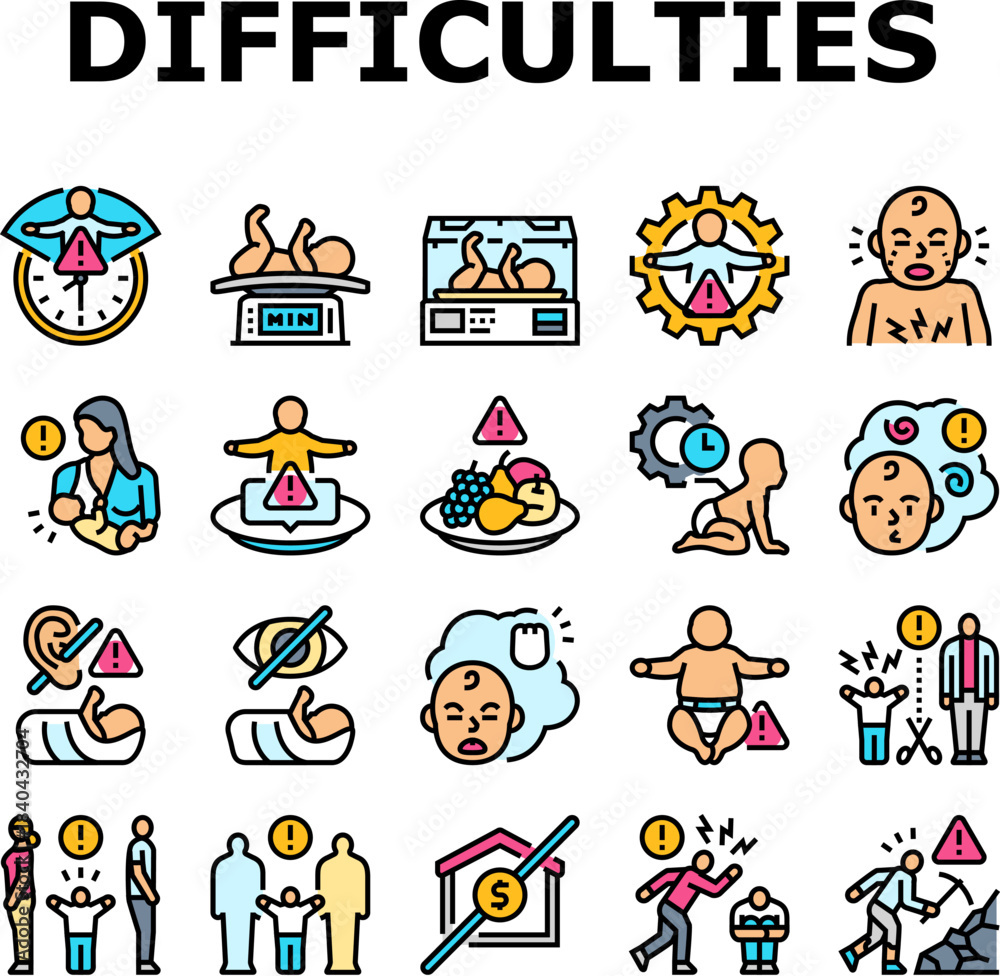 Naklejka premium childbirth difficulties icons set vector