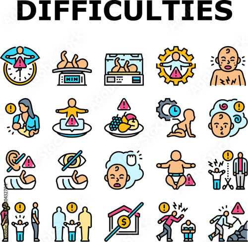 childbirth difficulties icons set vector