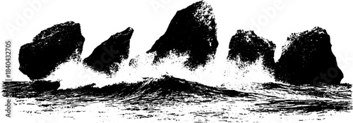 Black and white stencil of waves striking rugged rocks for coastal art design