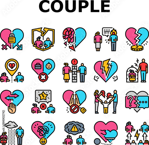 couple relationship obstacles icons set vector