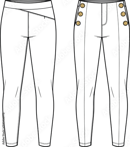 Women's Fashion Technical Flat Sketch of Skinny Trousers with Button Detailing on Front Hip Pockets, Front Fly Opening, and Fitted Leg Shape.