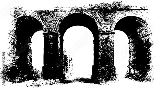Rustic black and white stencil of weathered brick archway for urban design
