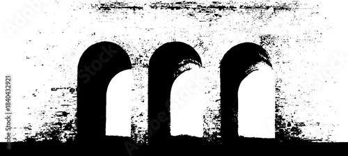 Black and white stencil illustration of weathered brick arch