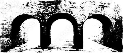 Black and white stencil illustration of weathered brick arches