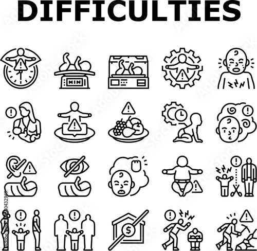 childbirth difficulties icons set vector