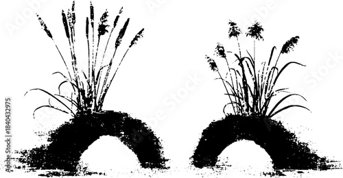 Black and white wetland reeds stencil art for nature-inspired designs