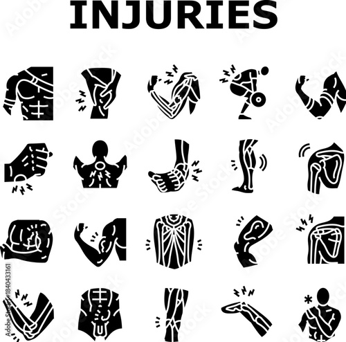 bodybuilder injuries icons set vector