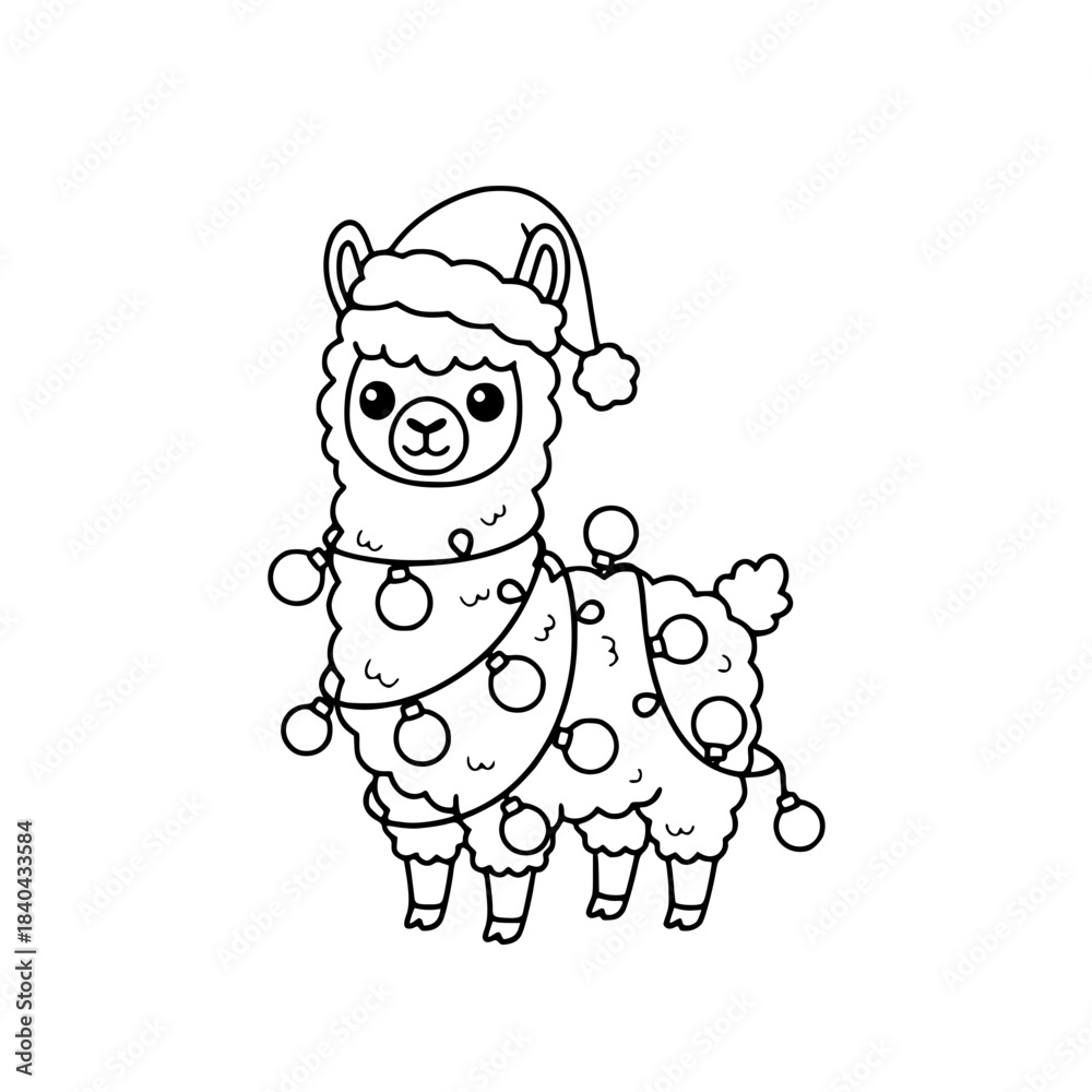 Naklejka premium Cute Llama Tangled in Christmas Lights and Santa Hat Line Art. Kawaii Cartoon Black and White Vector Icon for Funny Holiday, Winter Mascot, or Festive Animal Design Generative ai