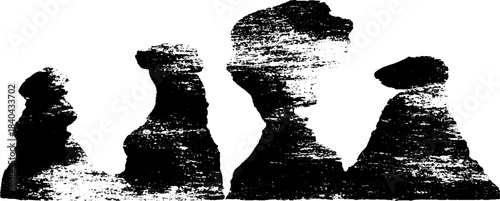 Wind eroded sandstone silhouette in black and white stencil art