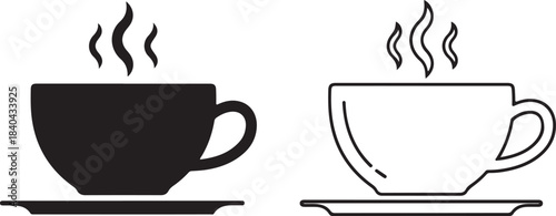 Solid black and outlined coffee cup with steam on saucer hot drink beverage