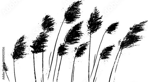 Black and white windswept field grass stencil art for nature-themed design