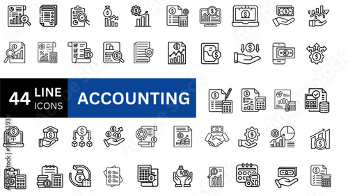 Accounting icon set. Containing financial statement, accountant, financial audit, invoice, tax calculator, business firm, tax return, income and balance sheet icons.  Vector illustration 
