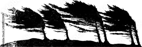 Black and white stencil art of windswept trees on heath landscape for design use