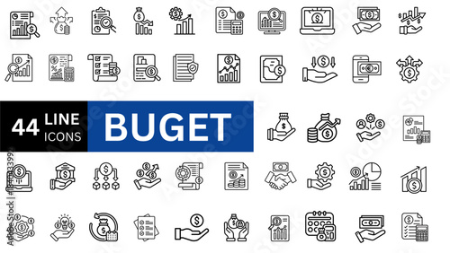 Budget line icon set. Containing savings, expenses, income, allocation, money management, financial planning, cost. Vector illustration 