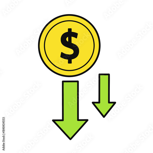 Dollar coin with downward arrows indicating financial decline.
