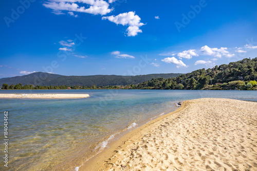 Fteroti Beach, sandbanks and lagoon in Sithonia, Chalkidiki, Greece