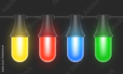 LED light bulbs. Multicolored light bulbs. Vector 3D illustration.