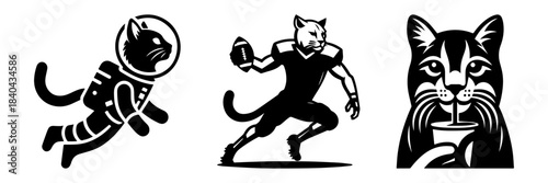 Cat Astronaut Football Player Drinking Coffee Black and White.