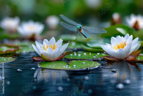 Dragonfly hovering over water lilies in a serene pond during early morning light