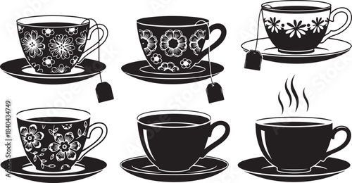 Tea Cups with Floral Designs and Steam whisk illustration