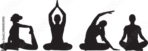 Silhouette series depicting four different yoga poses for wellness and physical fitness