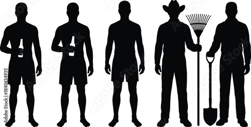 Collection of vector people silhouettes walking and performing daily activities like shopping, gardening, traveling, and working, isolated set.