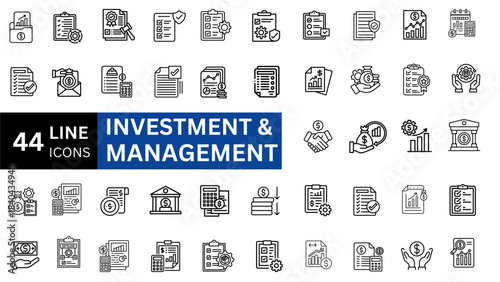 Investment and Management line icon set.
