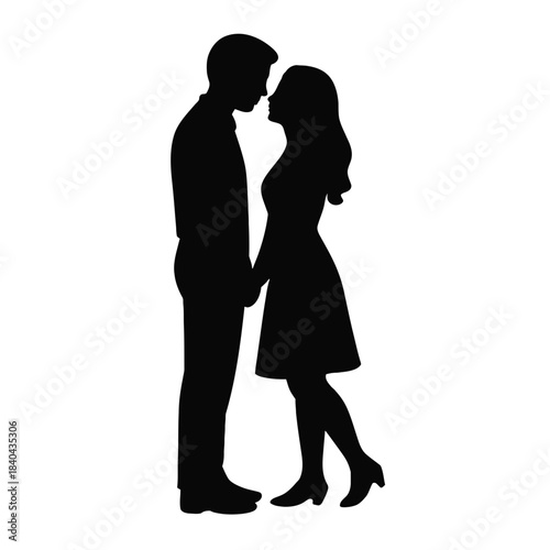 Romantic couple silhouette standing close holding hands about to kiss romance