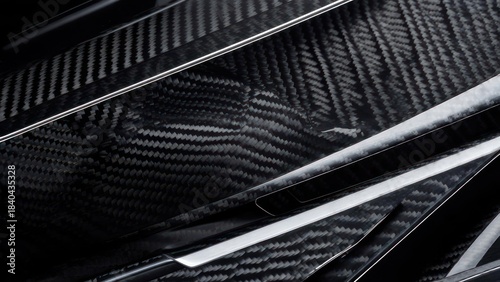 Close-up of sleek, interwoven carbon fiber panels with reflective metal accents, dynamic and modern