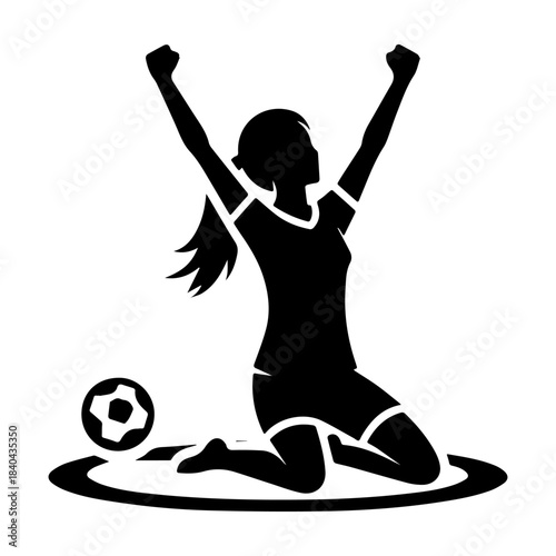 Soccer Player Celebrating Victory with Raised Arms and Ball.