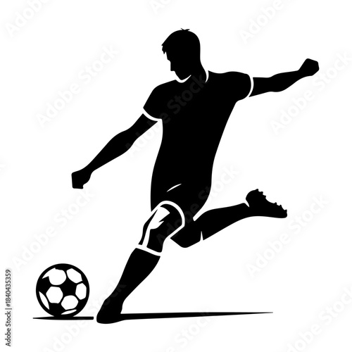 Soccer Player Kicking Ball Silhouette Isolated on White Background.